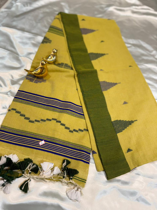 Lemon Yellow Temple Border Handwoven Jamdani Saree