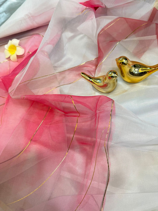 White Organza Saree with Pink Floral Motifs and Gold Border