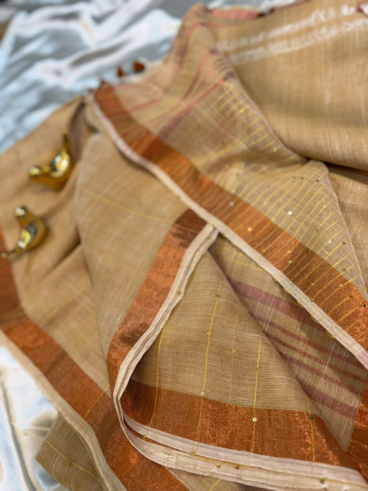 Golden Sand Linen Saree with Sequin Highlight