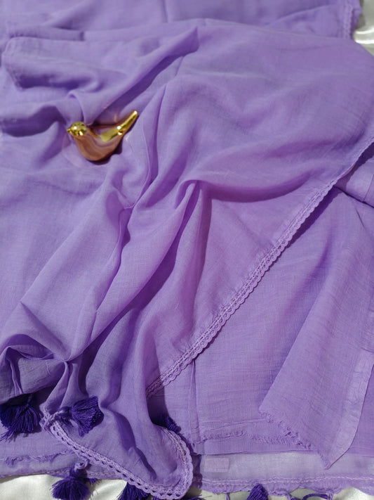 Light Purple Plain Body with Lace Border Mul Cotton Saree