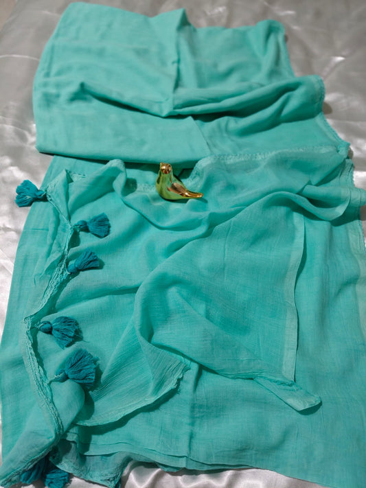 See Green Plain Mul Cotton Saree with Lace Border