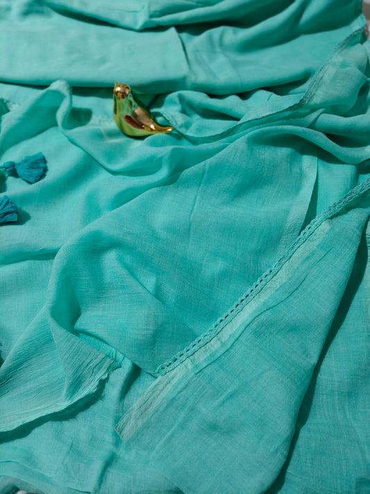 See Green Plain Mul Cotton Saree with Lace Border
