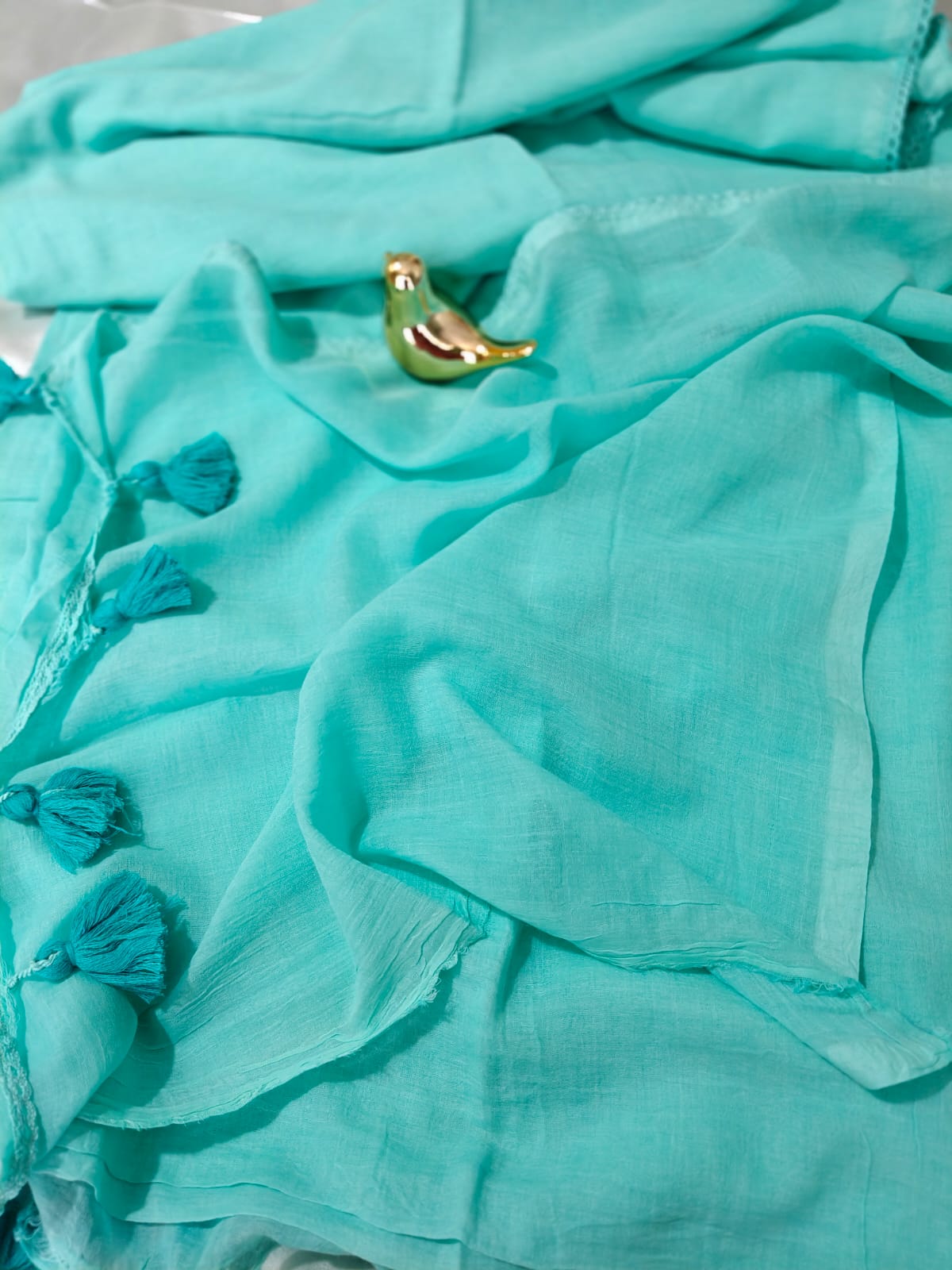 See Green Plain Mul Cotton Saree with Lace Border