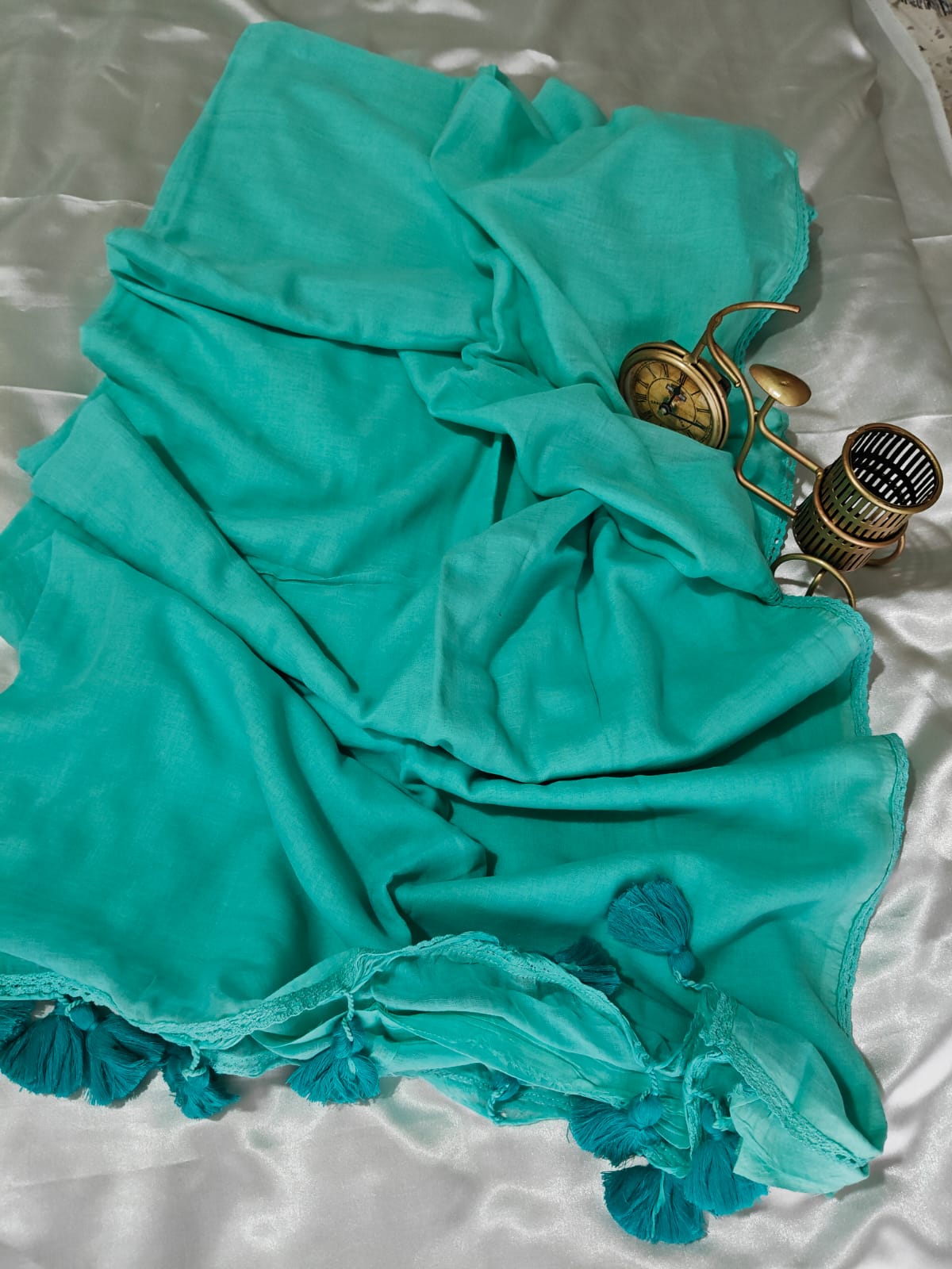 See Green Plain Mul Cotton Saree with Lace Border