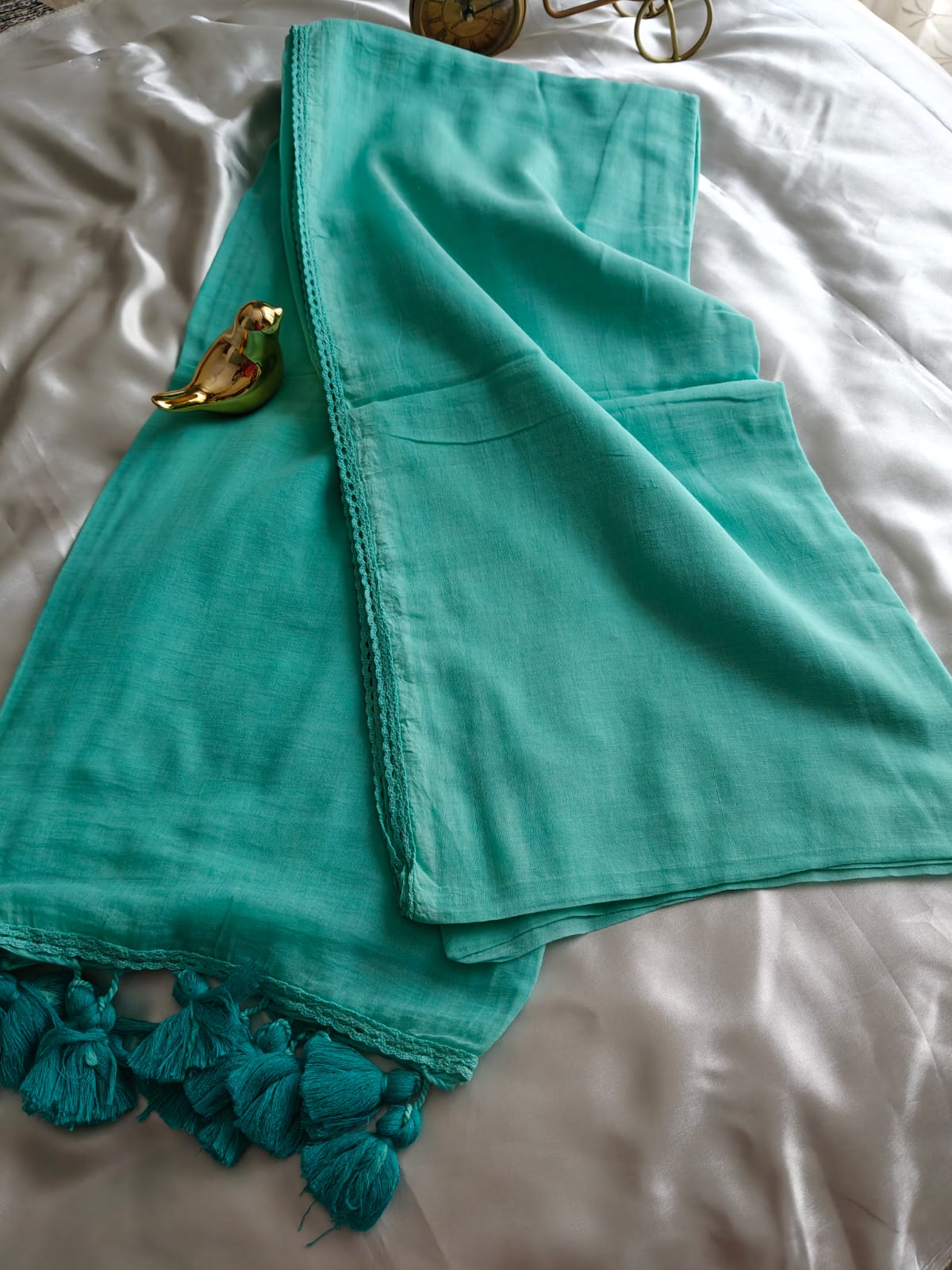 See Green Plain Mul Cotton Saree with Lace Border