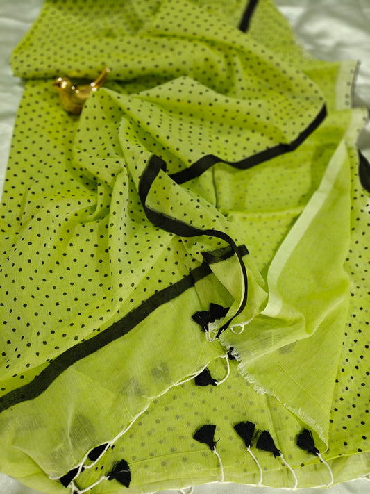 Lime Green Polka Dot Mul Cotton Saree