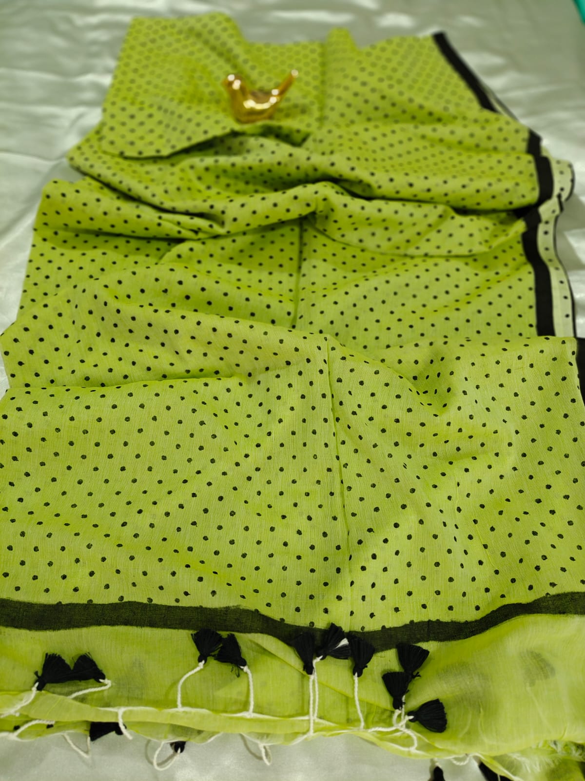 Lime Green Polka Dot Mul Cotton Saree