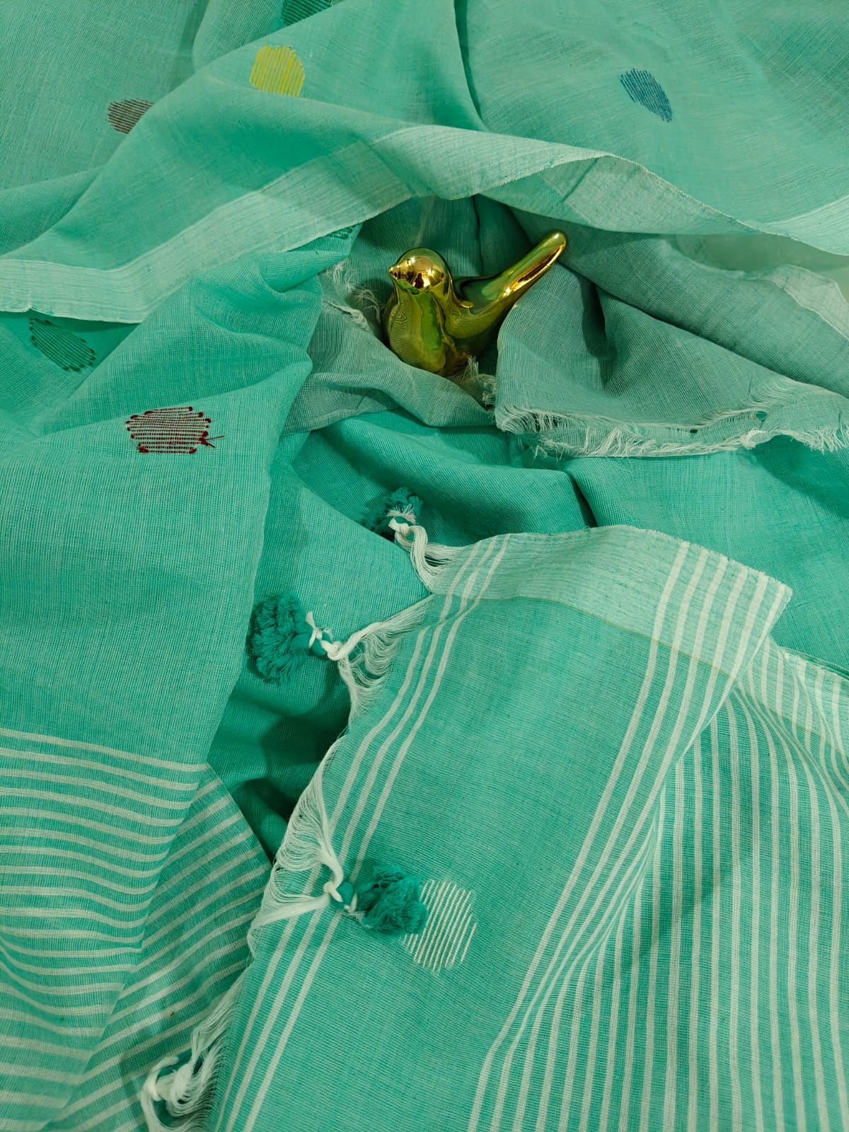 Aqua Blue Ball Buta Mul Cotton Saree