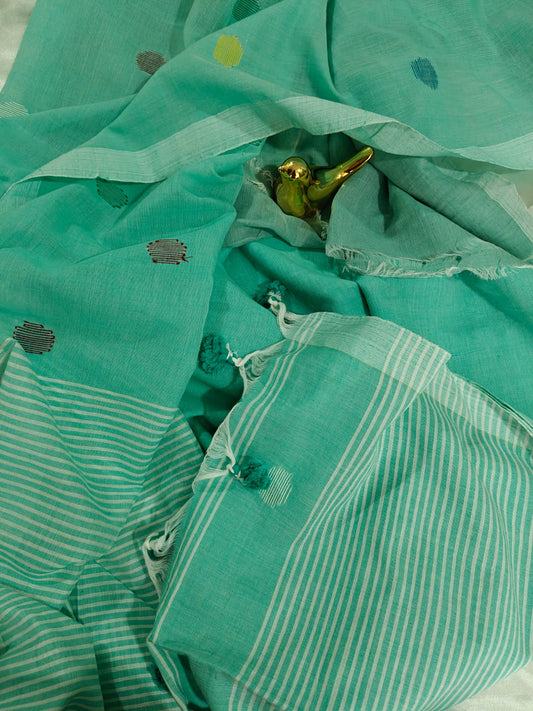 Aqua Blue Ball Buta Mul Cotton Saree