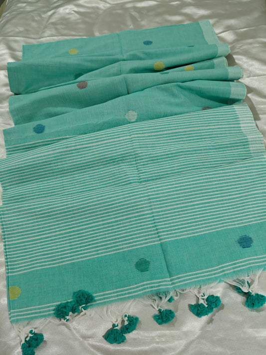 Aqua Blue Ball Buta Mul Cotton Saree