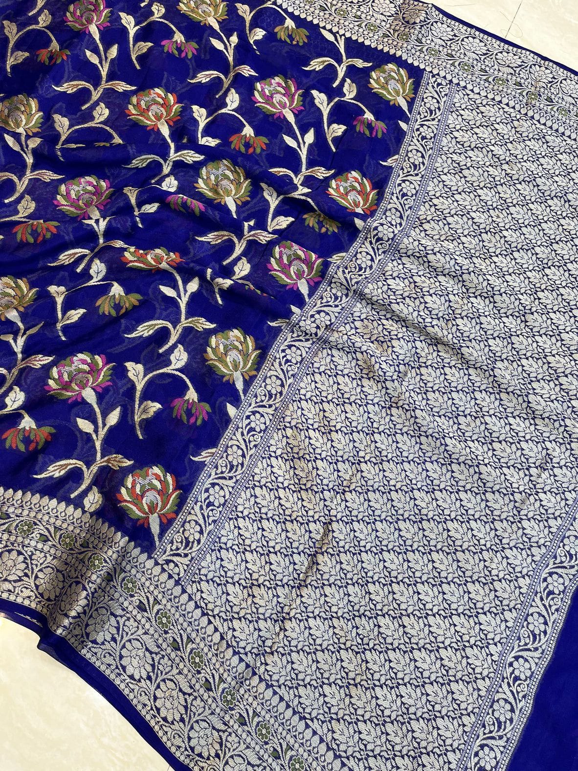 Royal Blue Semi Khaddi Georgette Banarasi