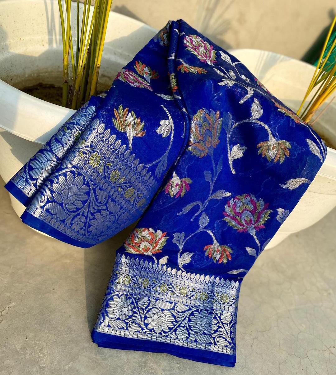 Royal Blue Semi Khaddi Georgette Banarasi