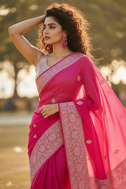 Rani Pink Pure Khaddi Chiffon Georgette Banarasi