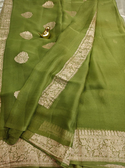 Mosh Green Pure Khaddi Chiffon Georgette Banarasi