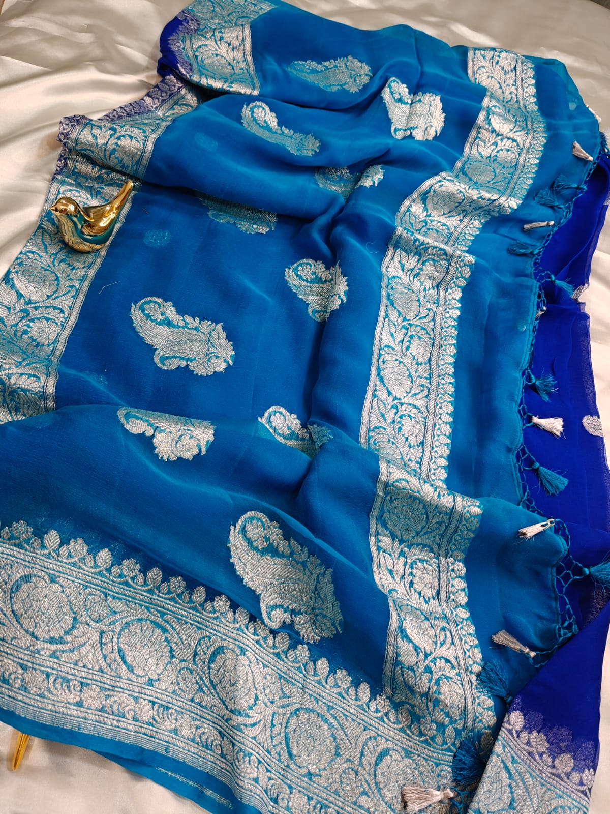 Royal Blue Pure Khaddi Chiffon Georgette Banarasi