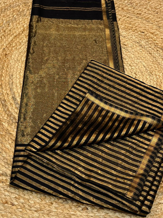 Black Zari Stripe Tissue Maheshwari Saree