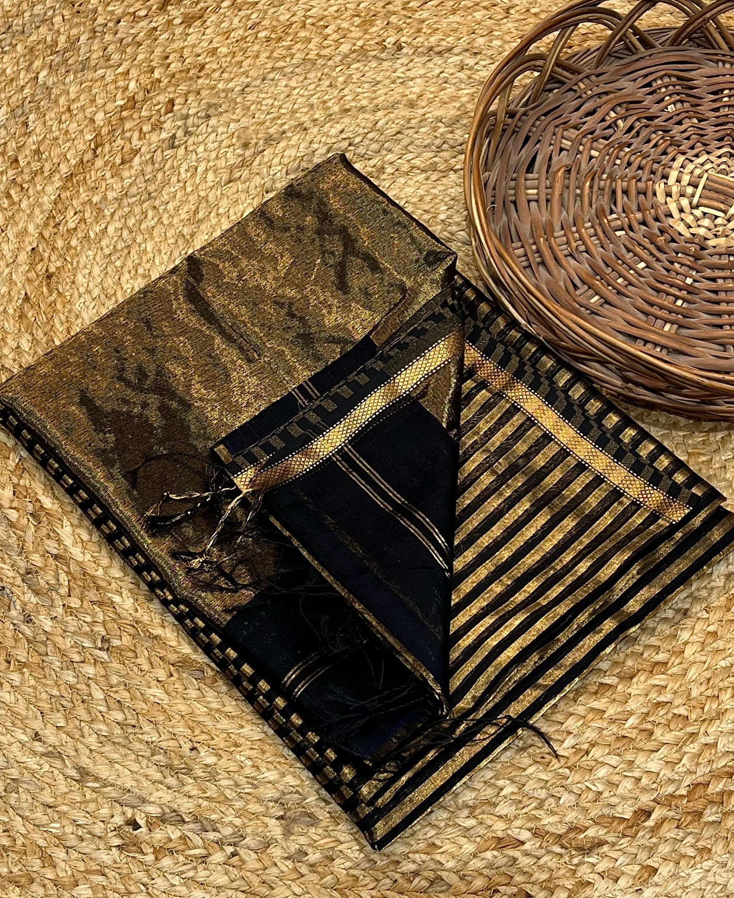 Black Zari Stripe Tissue Maheshwari Saree