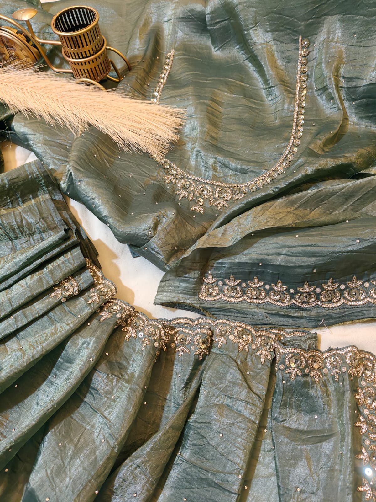 Sage-green Handwork Crushed Tissue Saree