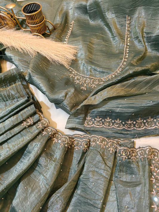 Sage-green Handwork Crushed Tissue Saree