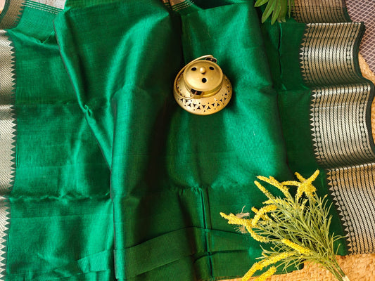 Emerald Green Silver Border Mangalagiri Saree