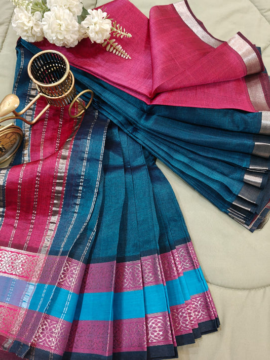 Teal Blue Magenta Border Mangalagiri Saree