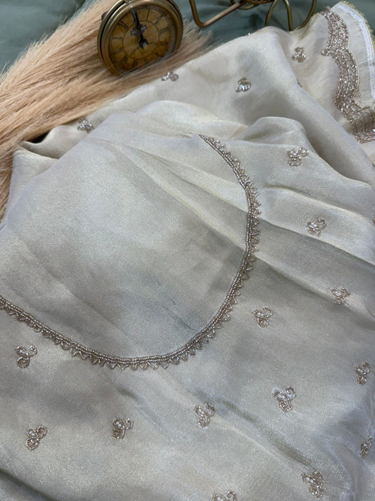 Pure Georgette Tissue Ivory Handwork Saree