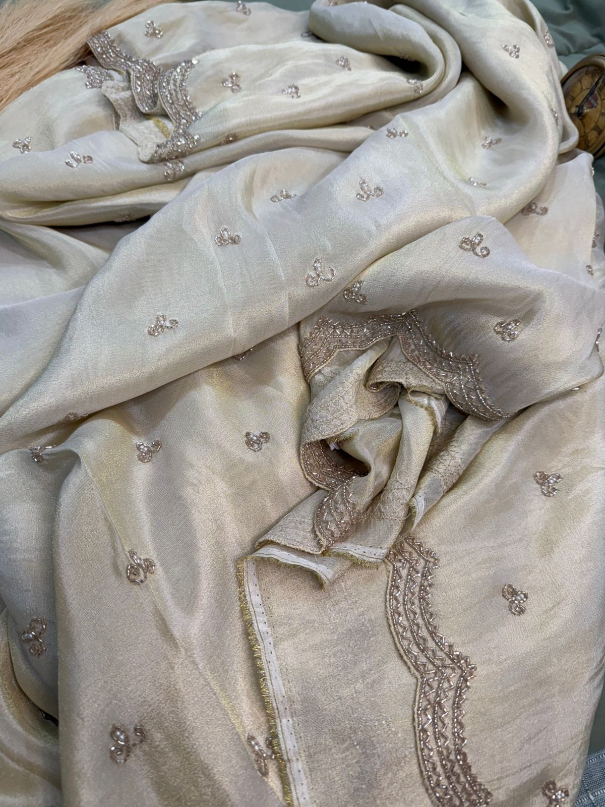Pure Georgette Tissue Ivory Handwork Saree