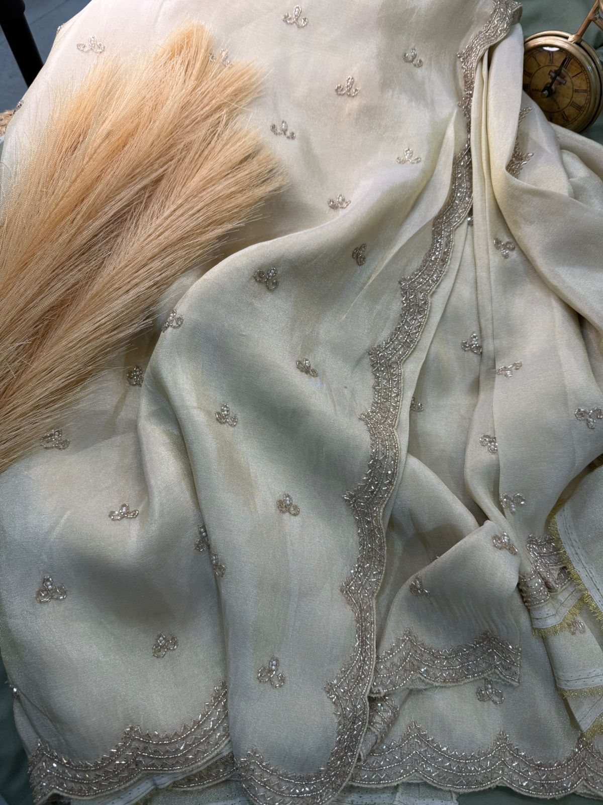 Pure Georgette Tissue Ivory Handwork Saree