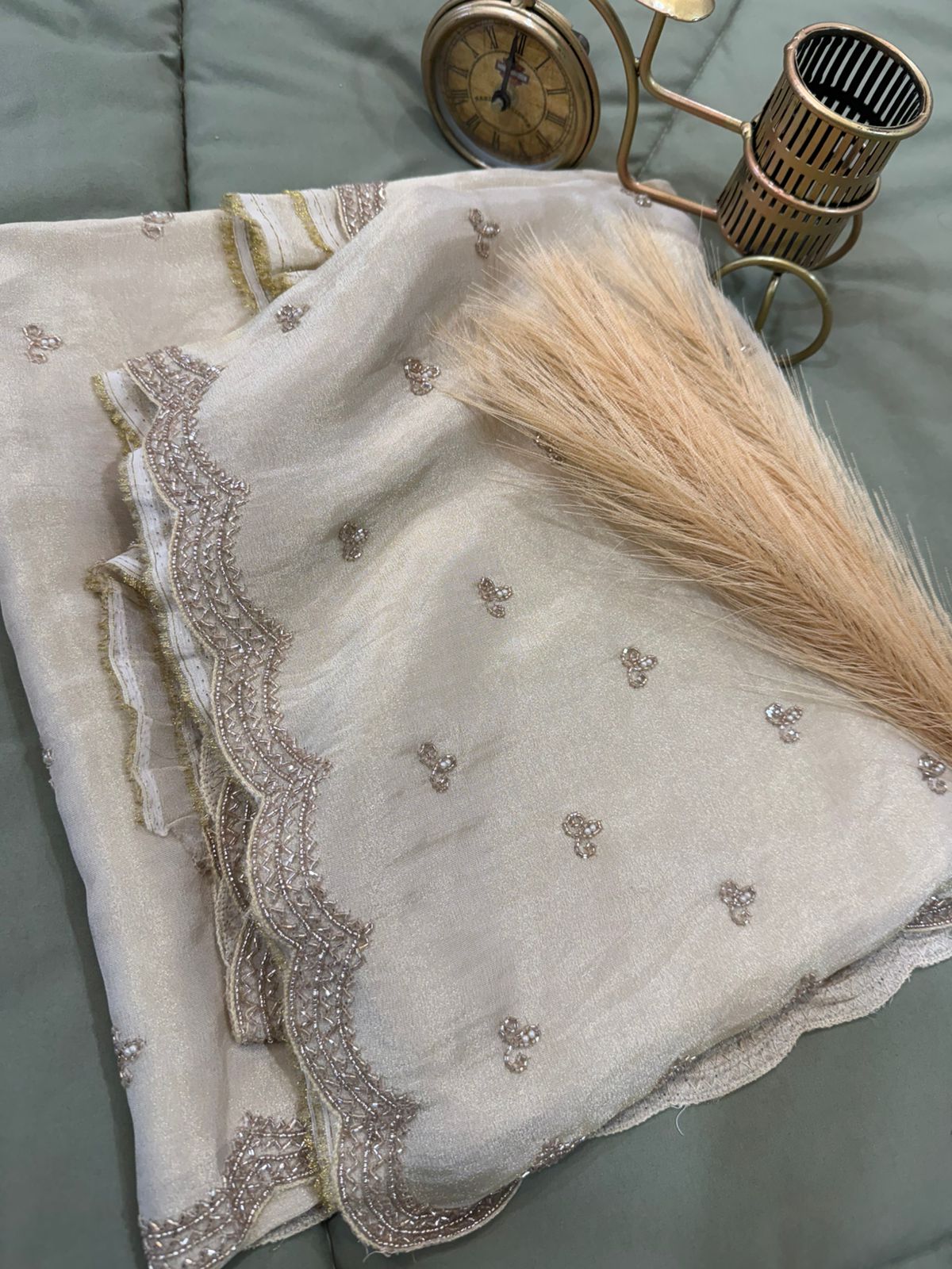 Pure Georgette Tissue Ivory Handwork Saree
