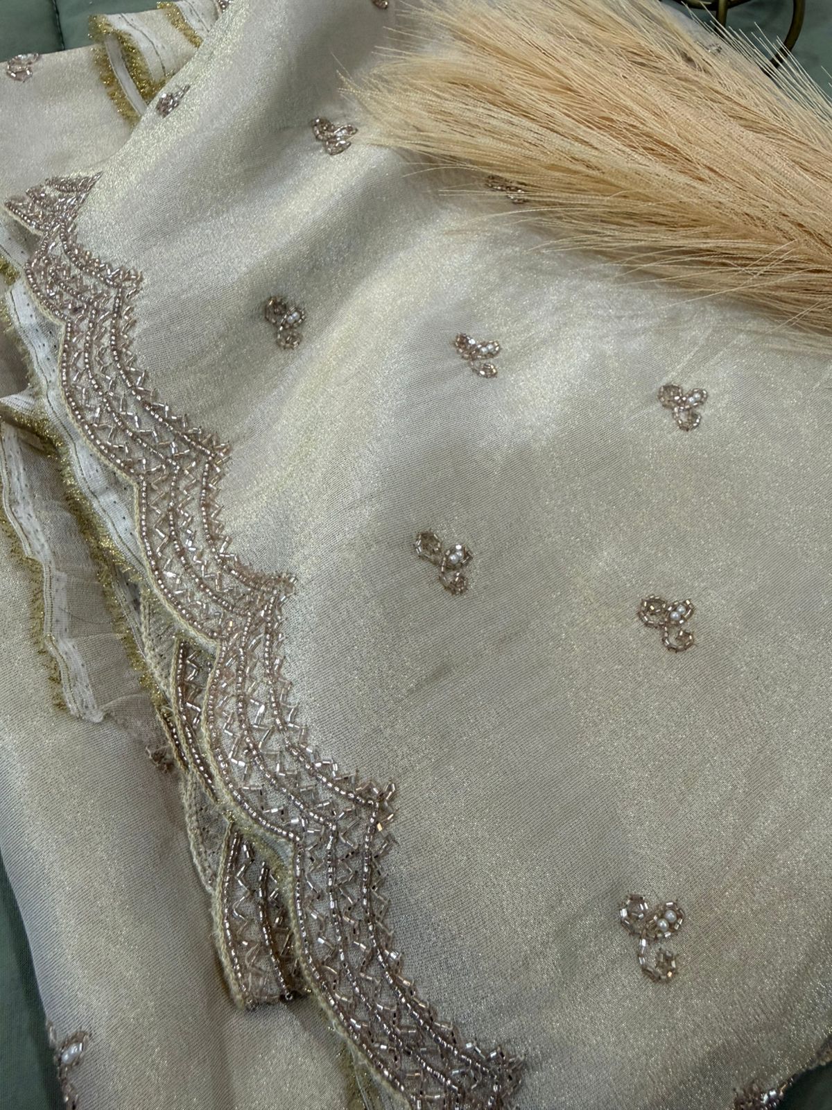 Pure Georgette Tissue Ivory Handwork Saree