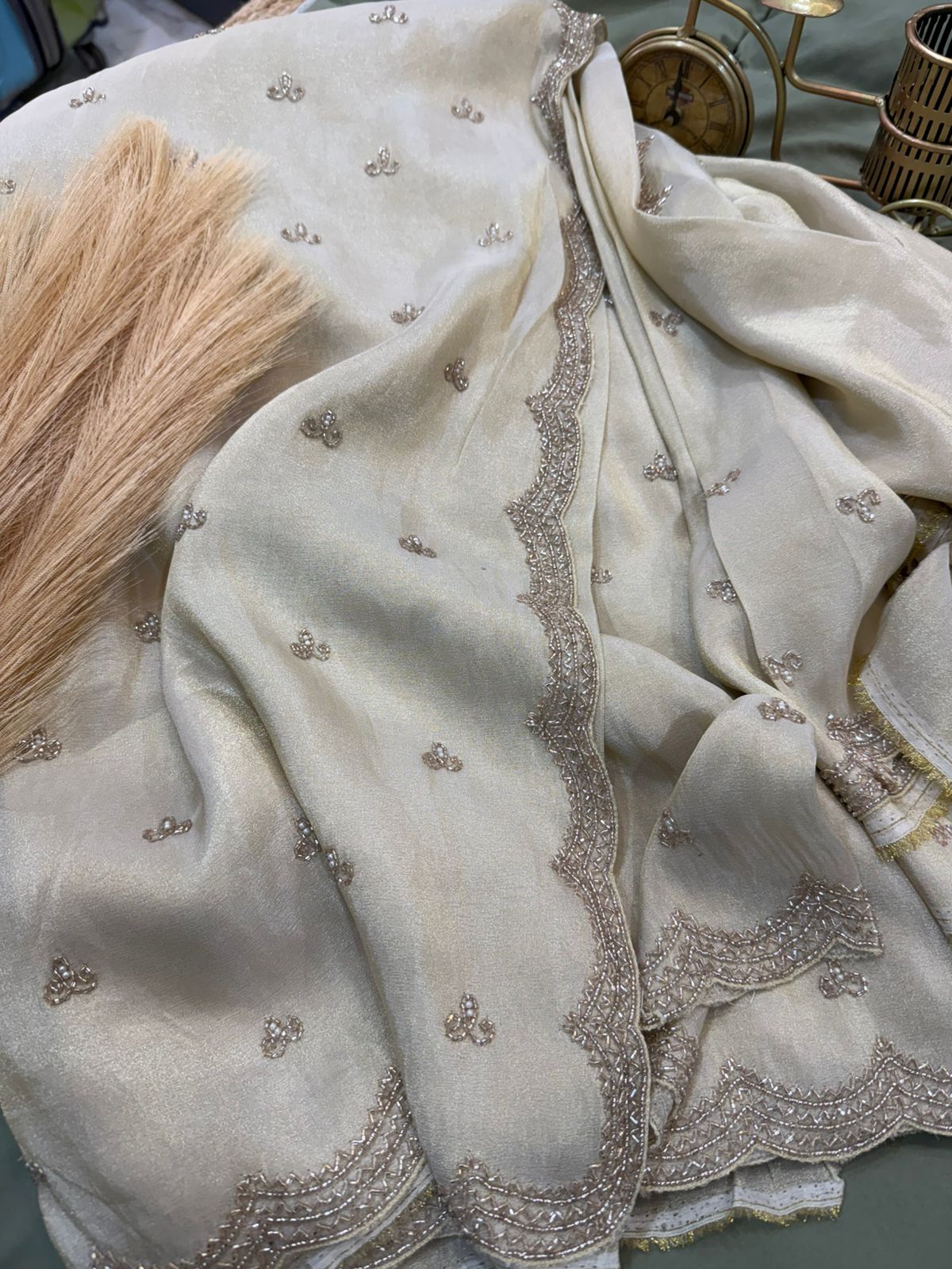 Pure Georgette Tissue Ivory Handwork Saree
