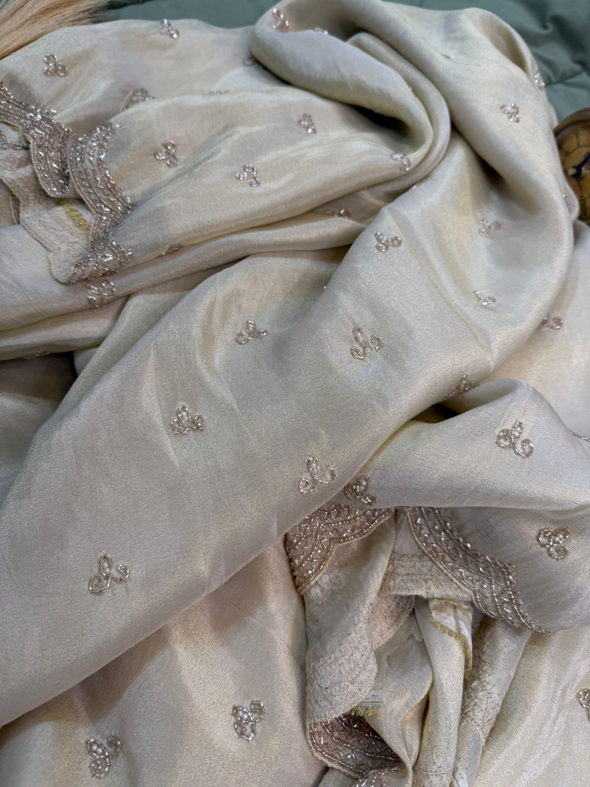 Pure Georgette Tissue Ivory Handwork Saree