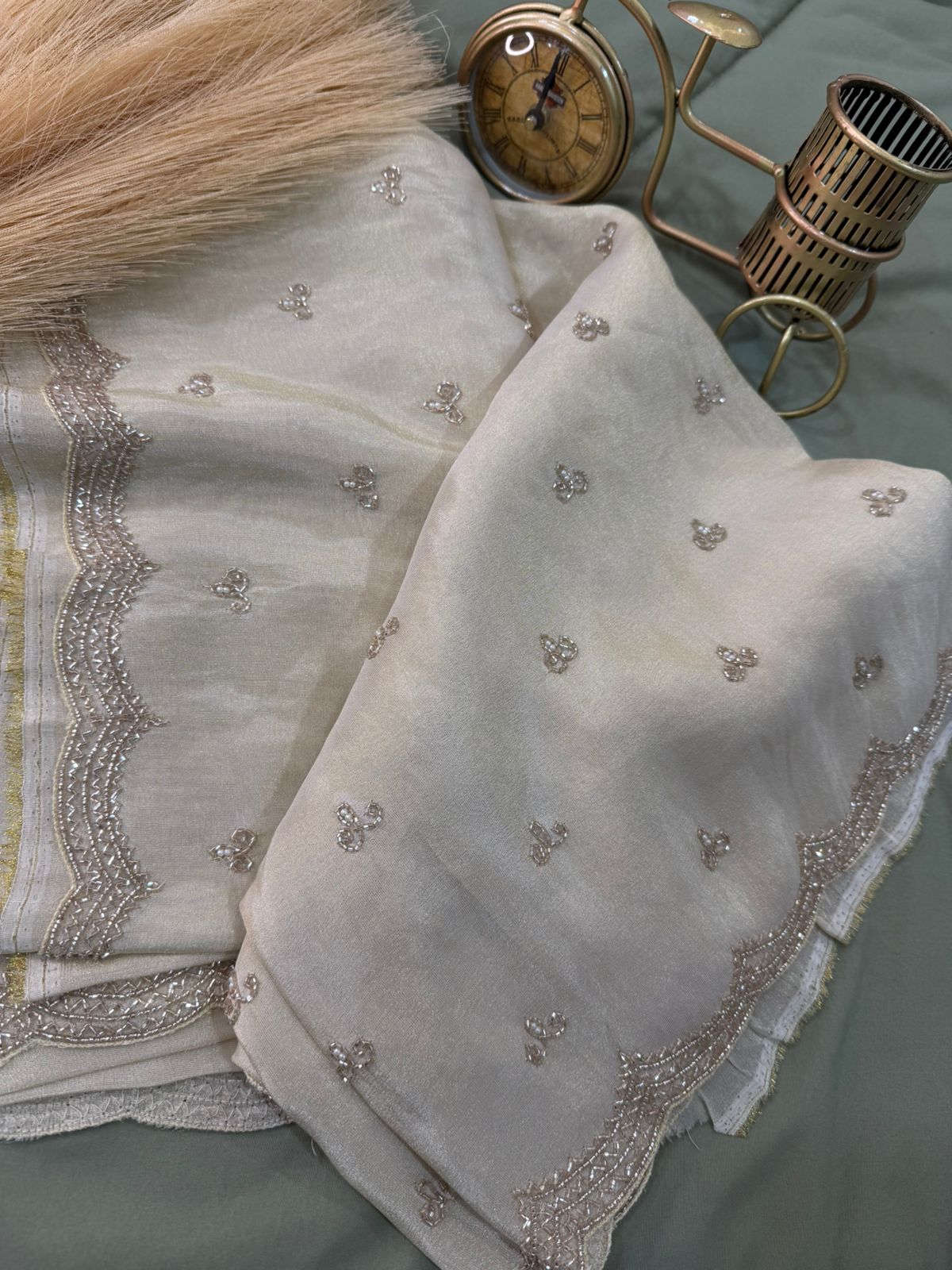 Pure Georgette Tissue Ivory Handwork Saree