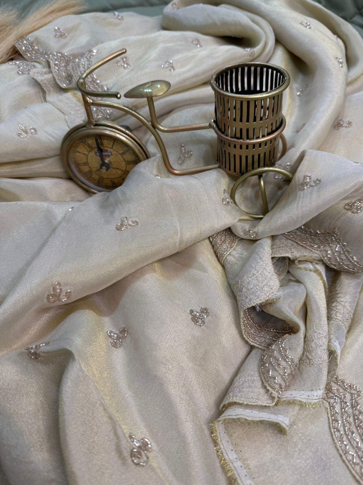 Pure Georgette Tissue Ivory Handwork Saree