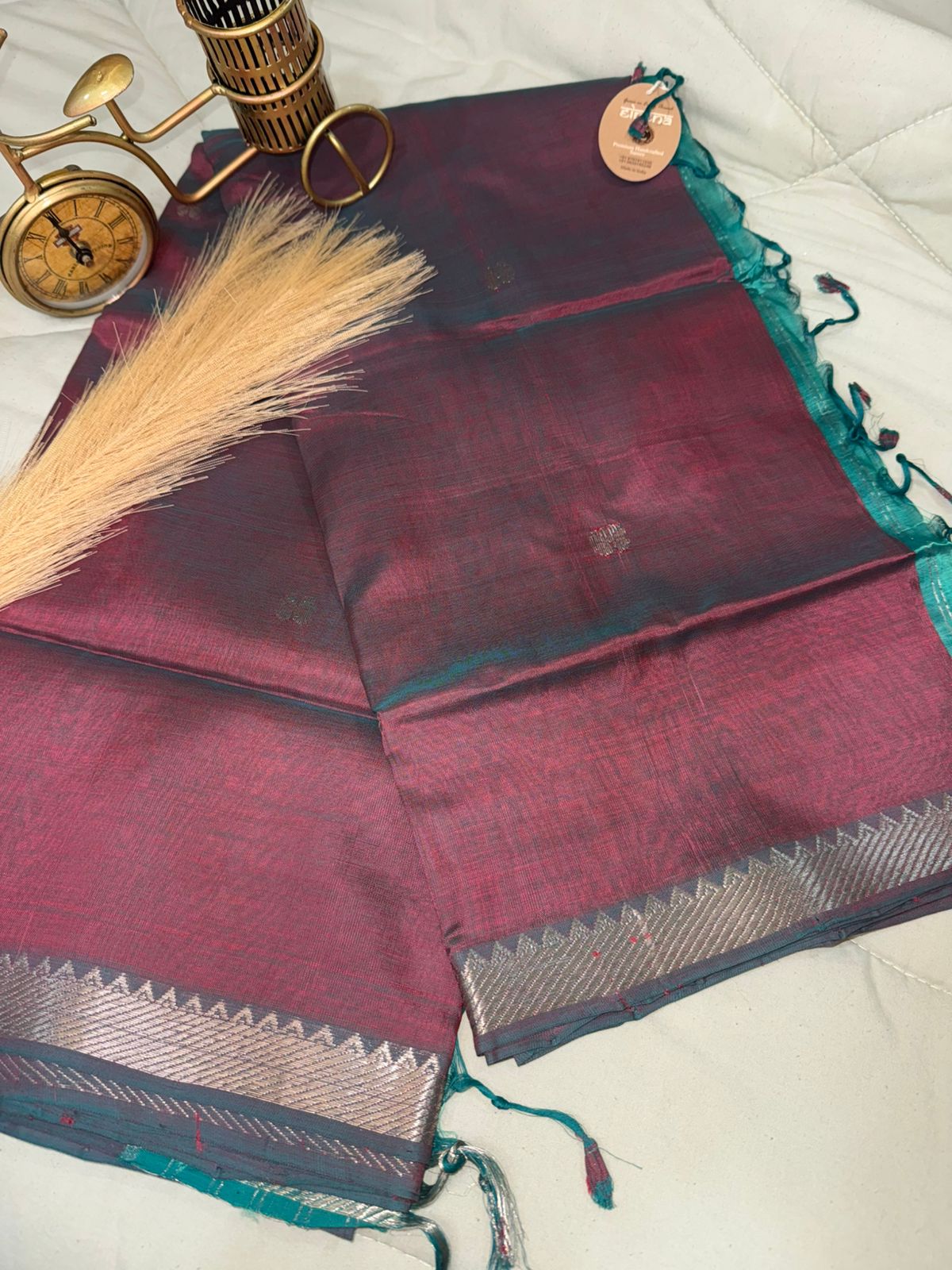 Vintage Wine Mangalagiri Saree with Silver Zari Border