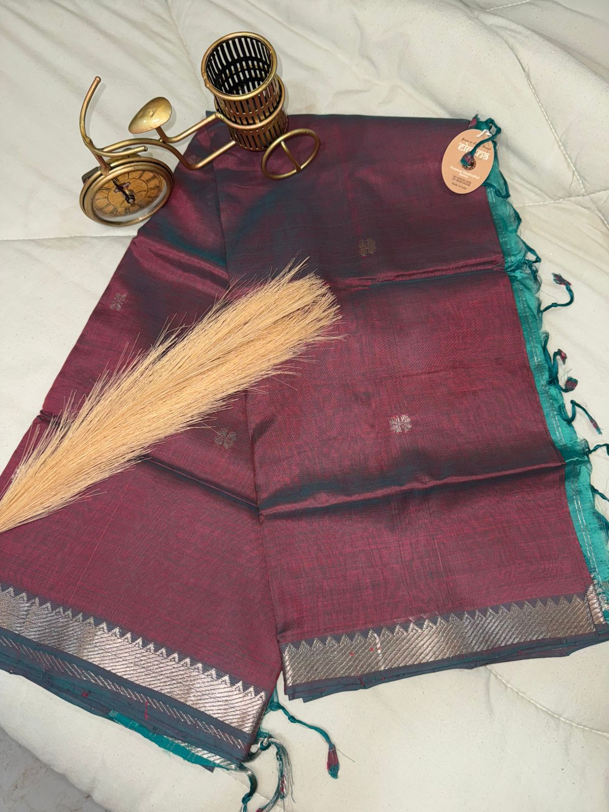 Vintage Wine Mangalagiri Saree with Silver Zari Border