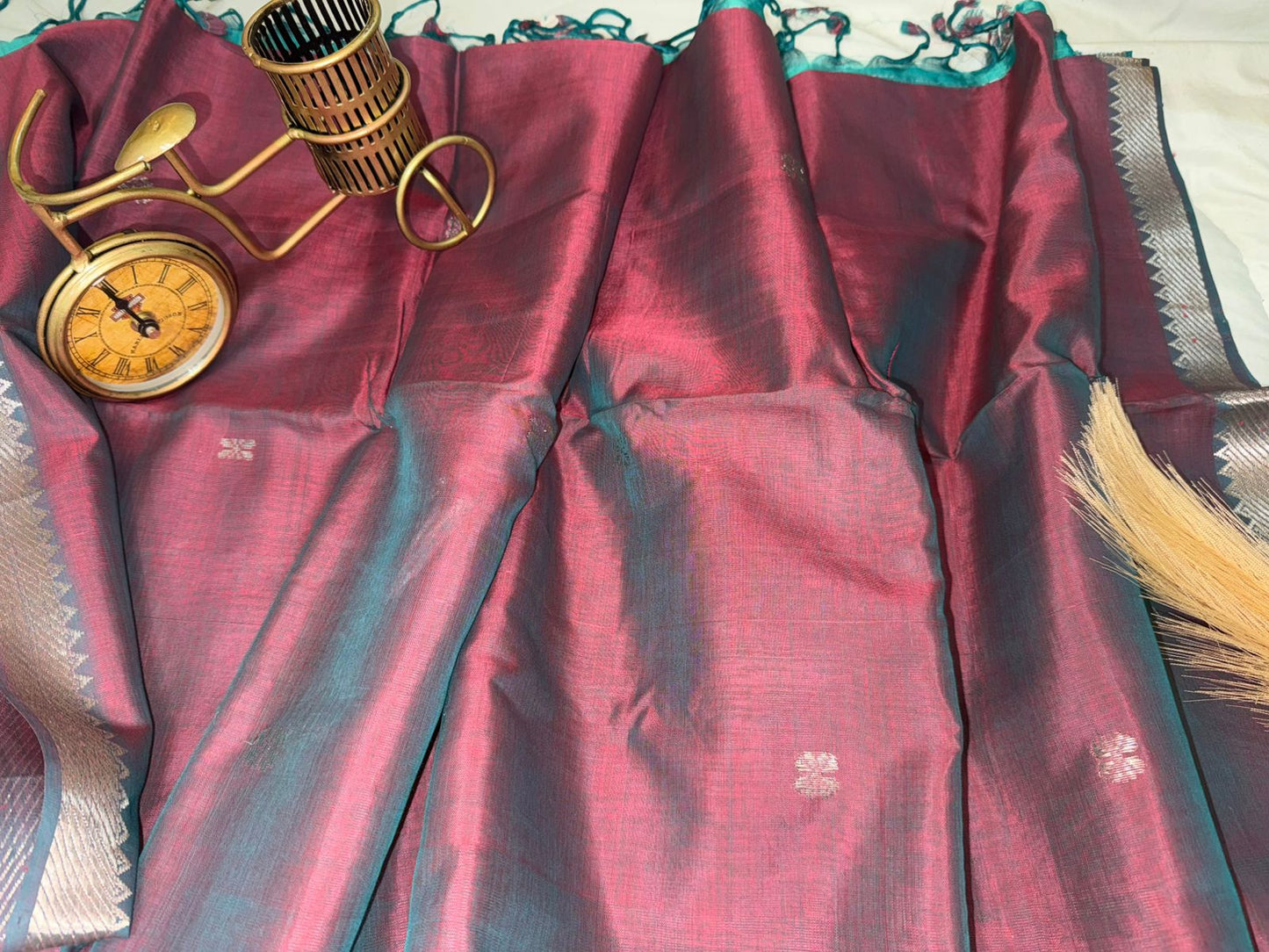 Vintage Wine Mangalagiri Saree with Silver Zari Border