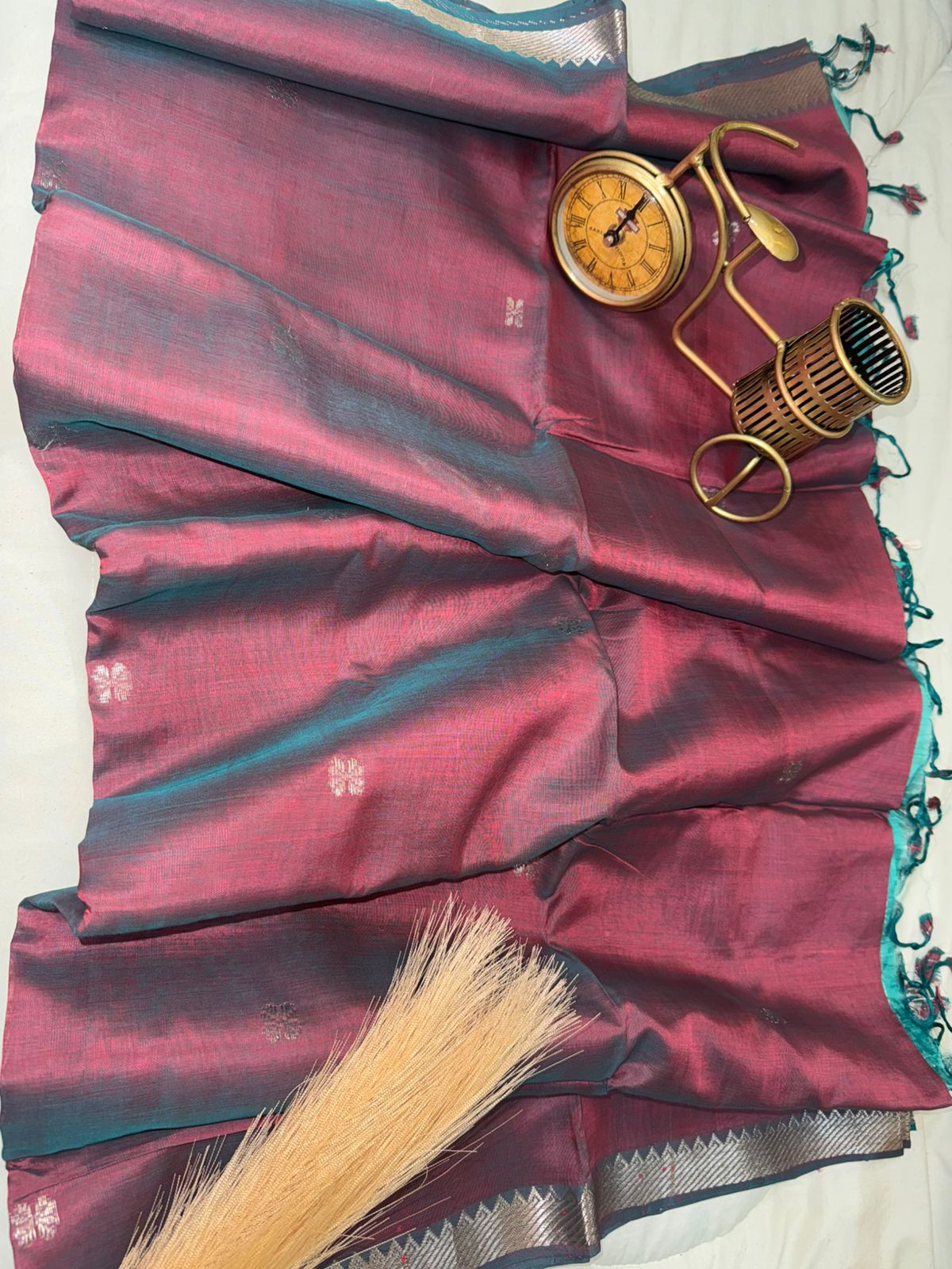 Vintage Wine Mangalagiri Saree with Silver Zari Border