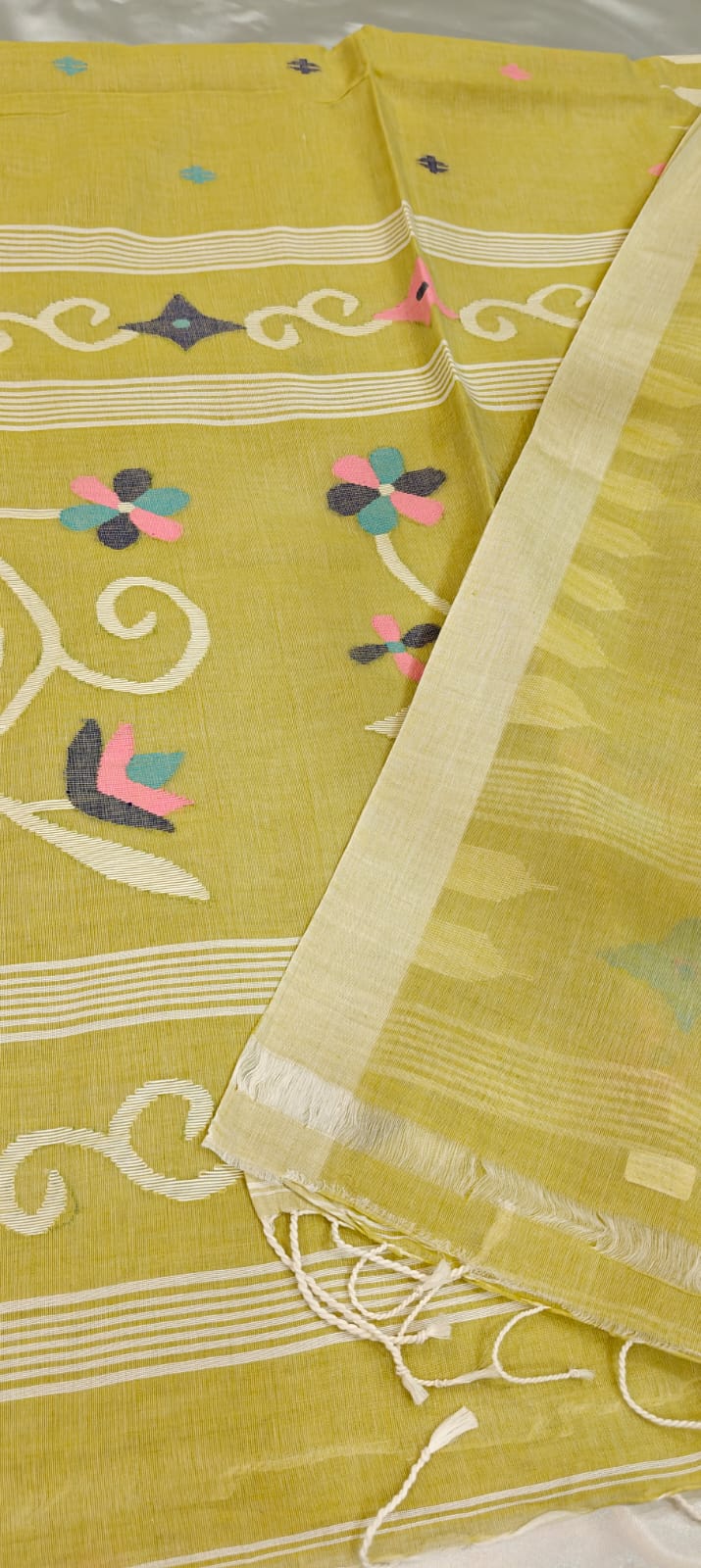 Soft Yellow Handwoven Needle-Work Jamdani Saree