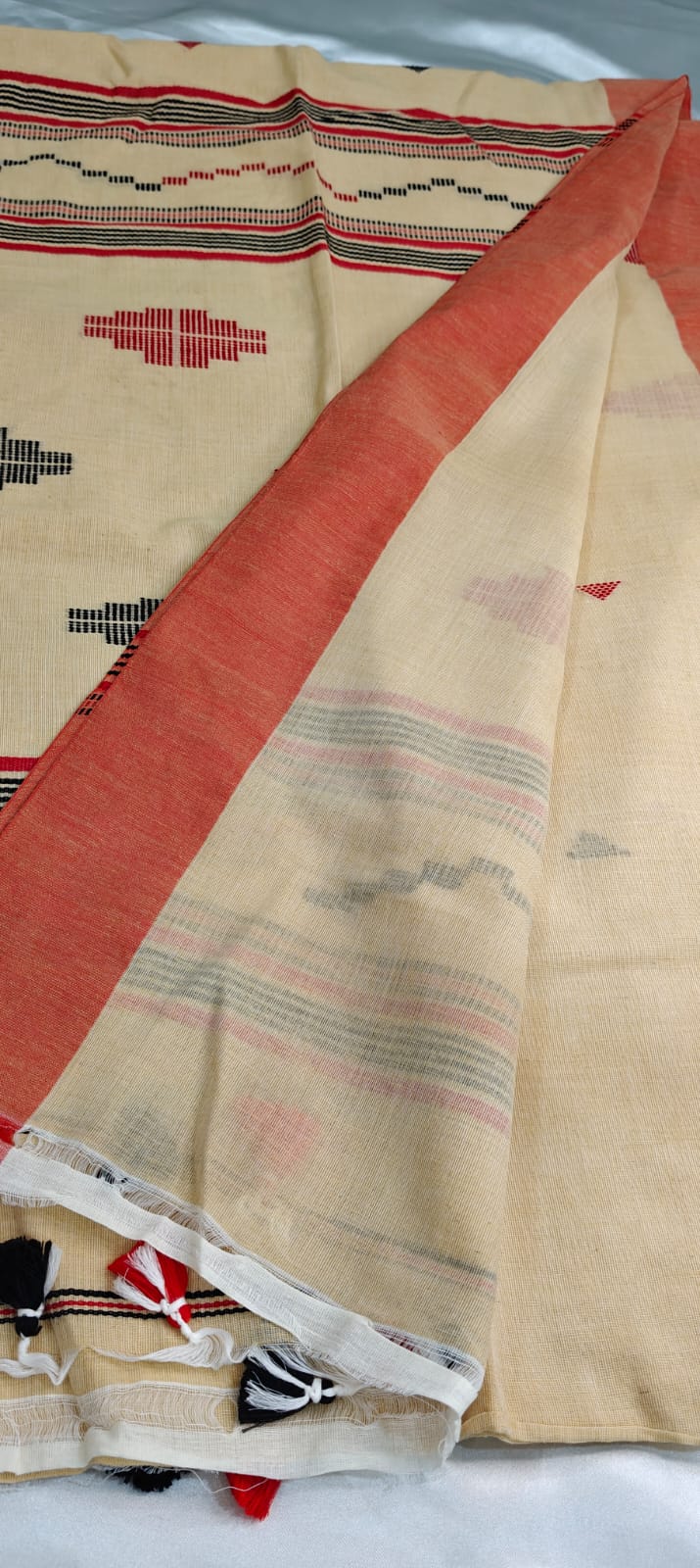 Natural Cream and Red Handwoven Cotton Saree