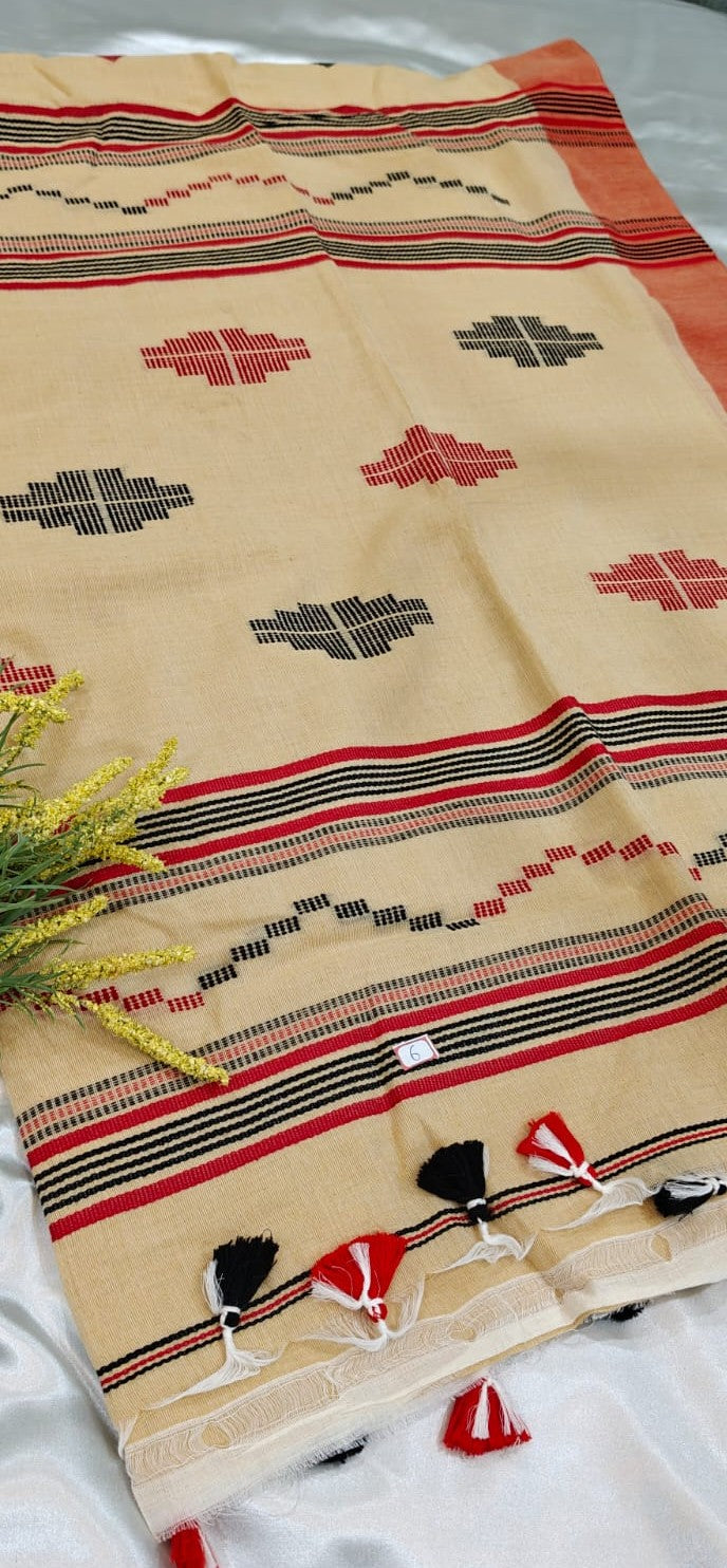 Natural Cream and Red Handwoven Cotton Saree