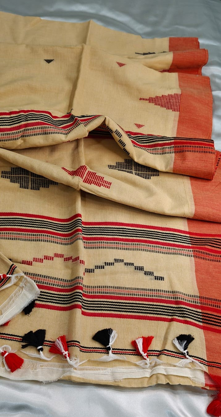 Natural Cream and Red Handwoven Cotton Saree
