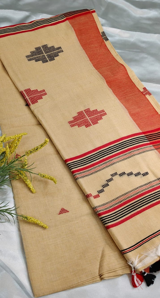 Natural Cream and Red Handwoven Cotton Saree