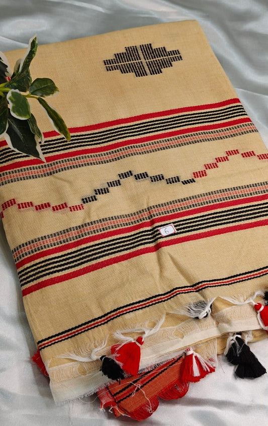 Natural Cream and Red Handwoven Cotton Saree