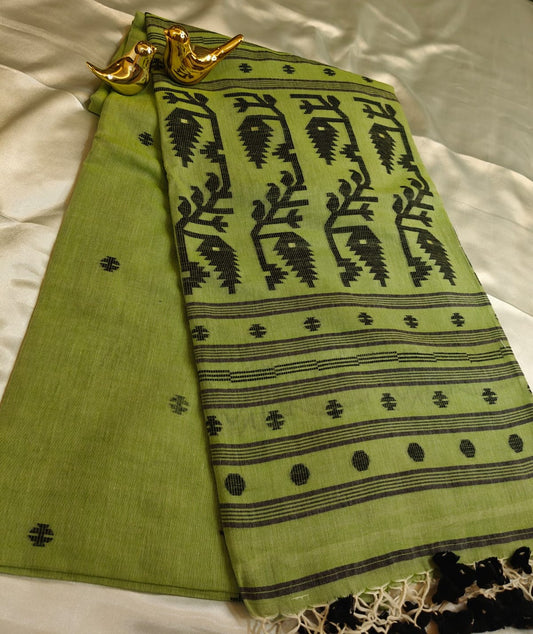 Olive Green Mul Cotton Jamdani Saree
