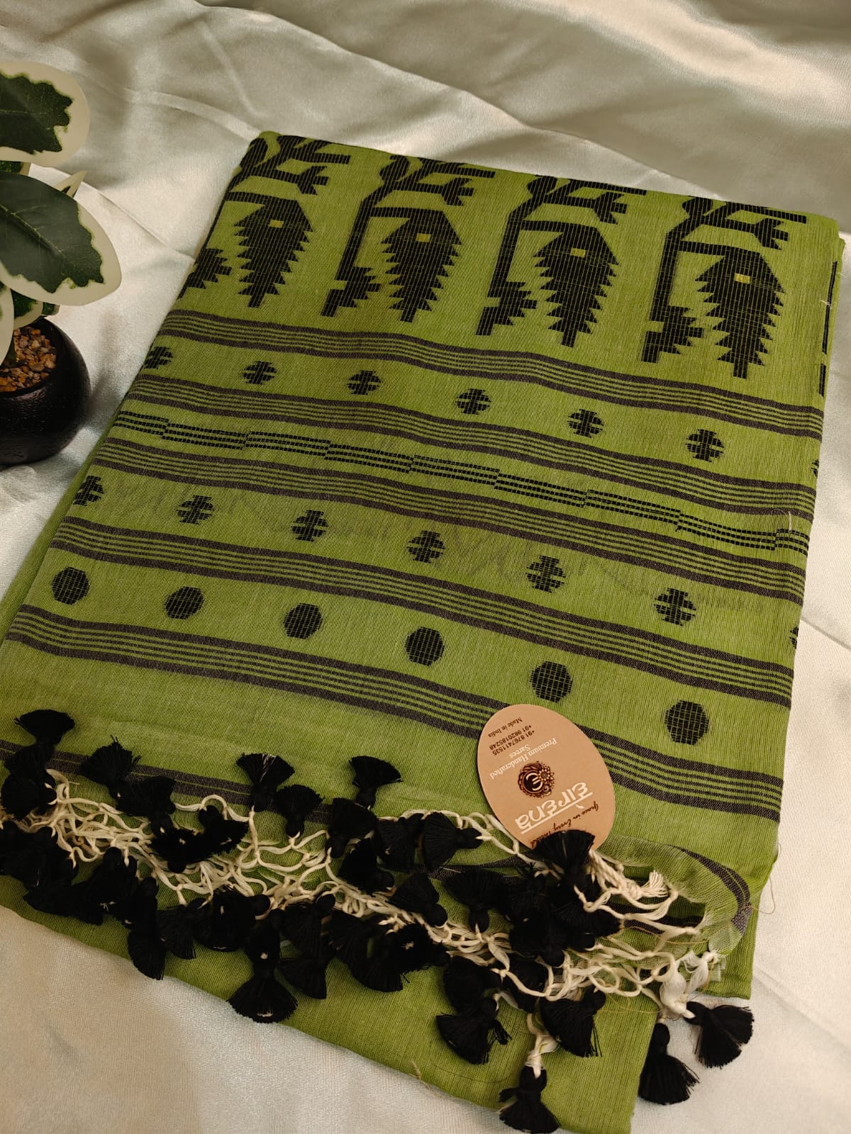 Olive Green Mul Cotton Jamdani Saree