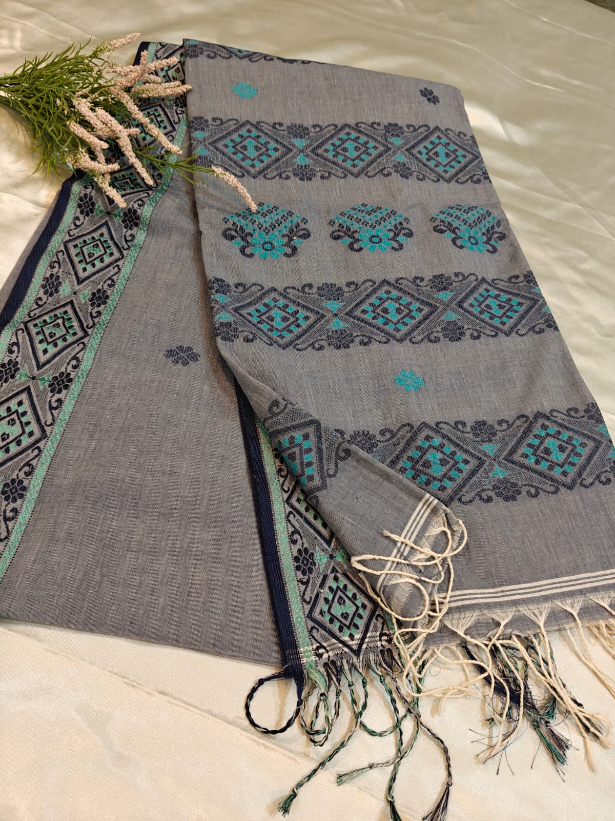 Grey Handloom Cotton Saree with Traditional Woven Border