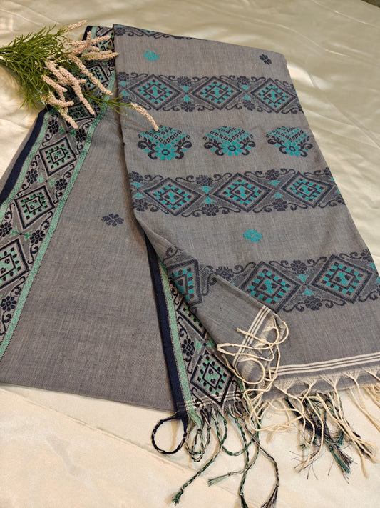 Grey Handloom Cotton Saree with Traditional Woven Border