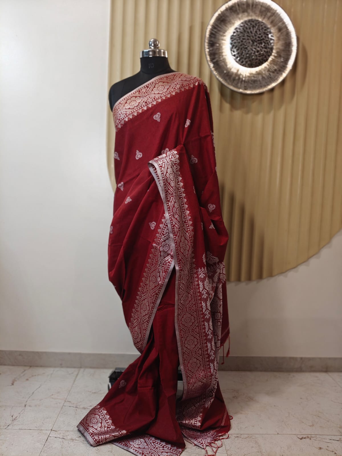 Maroonish Red Assam Khadi Cotton Saree