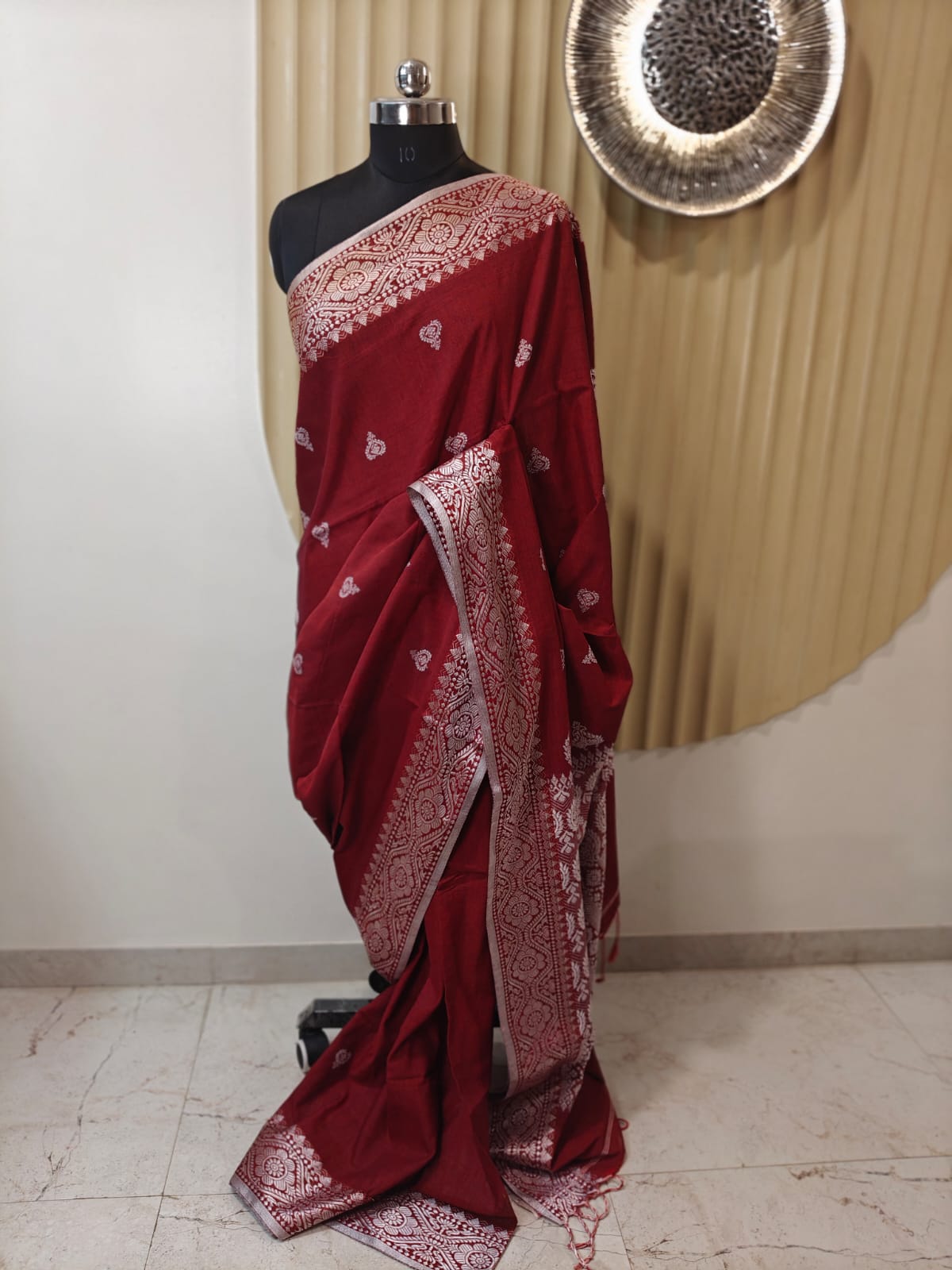Maroonish Red Assam Khadi Cotton Saree
